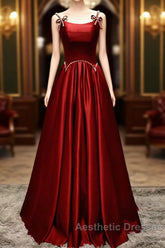 Wine Red Satin Straps Beaded Long Party Dresses, Wine Red A-Line Evening Prom Dresses